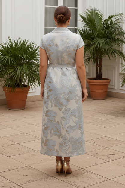 Floral Jacquard Notched Collar Midi Wrap Dress
