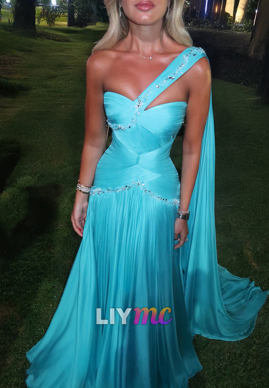 One-Shoulder Chiffon Gown with Shoulder Cape