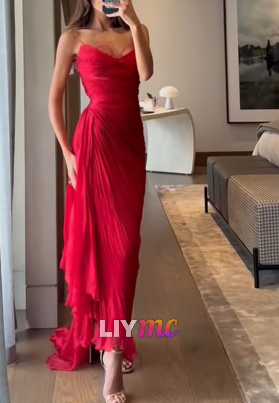 Asymmetrical Pleated Spaghetti Strap Maxi Dress