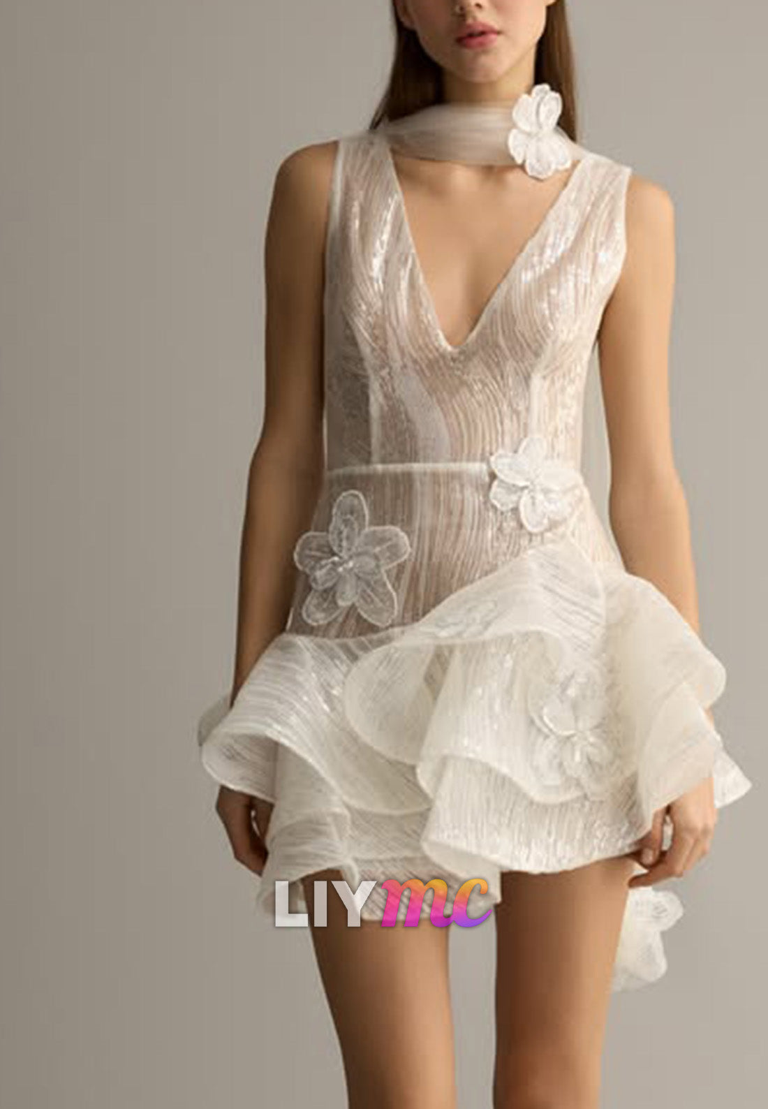Deep V Mini Dress with Ruffled Hem & Cape