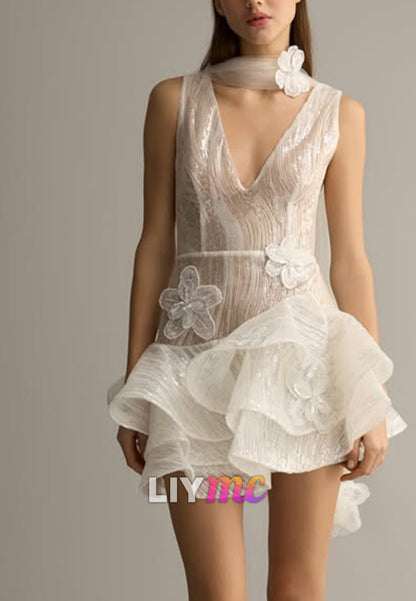 Deep V Mini Dress with Ruffled Hem & Cape