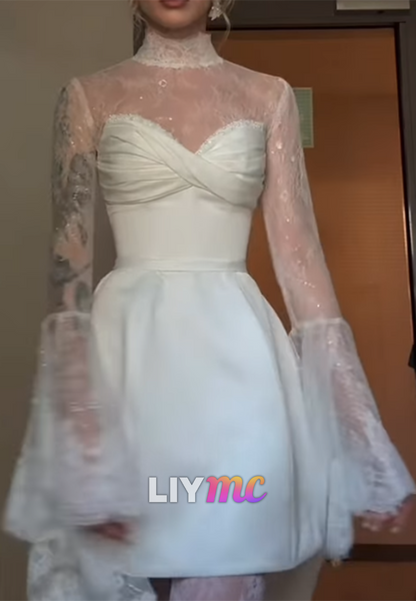 Satin Mini Wedding Dress with Lace High-Neck Jacket