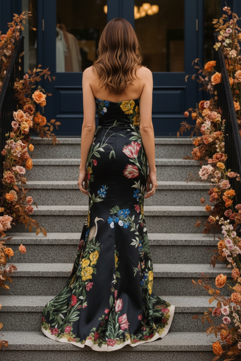 Strapless Column Maxi Dress with Floral Print