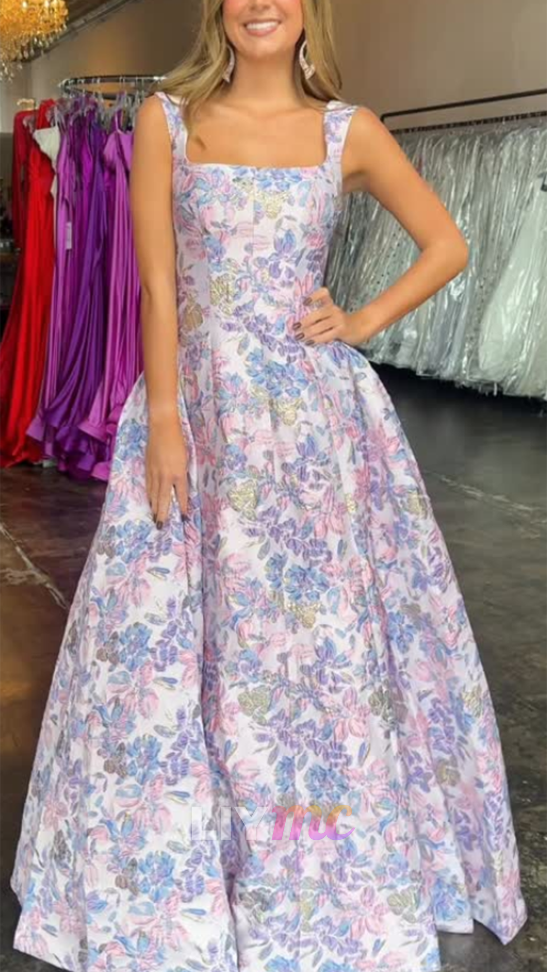 Square Neck Floral Jacquard Evening Gown