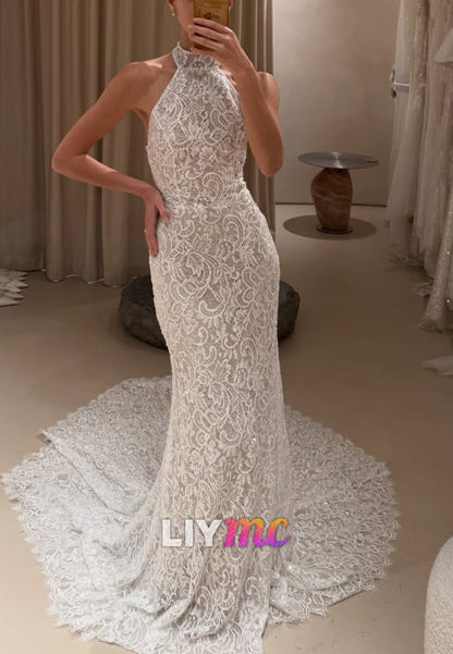 Lace Mermaid Wedding Dress with Halter Neck & Low Back