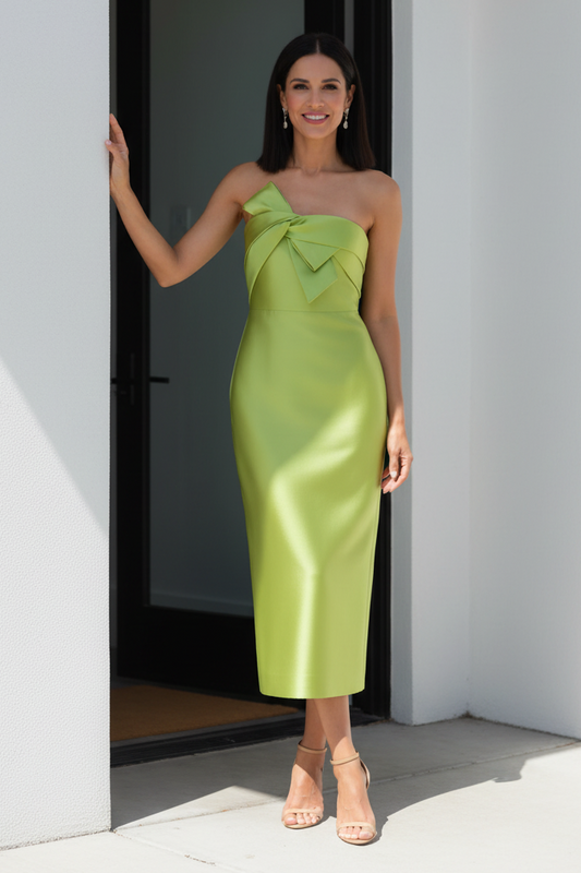 Strapless Satin Midi Dress with Bow Bodice