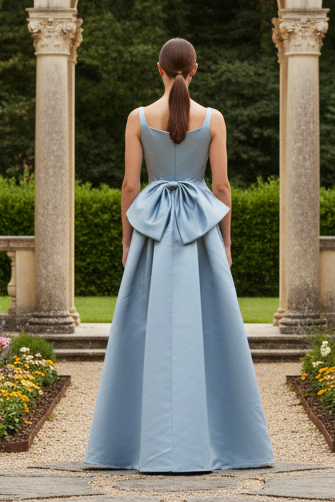 Square Neck Satin Gown with Back Bow