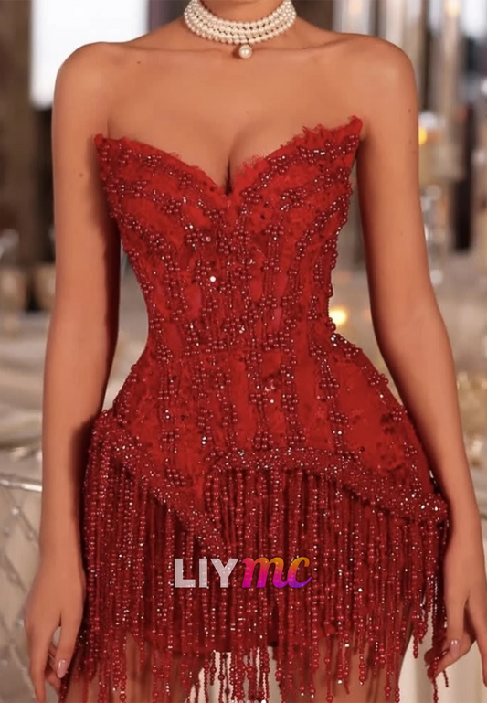 Strapless Sweetheart Beaded Fringe Corset Mini Dress