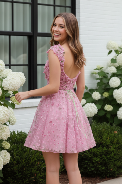 Romantic 3D Floral Applique Sweetheart Mini Dress