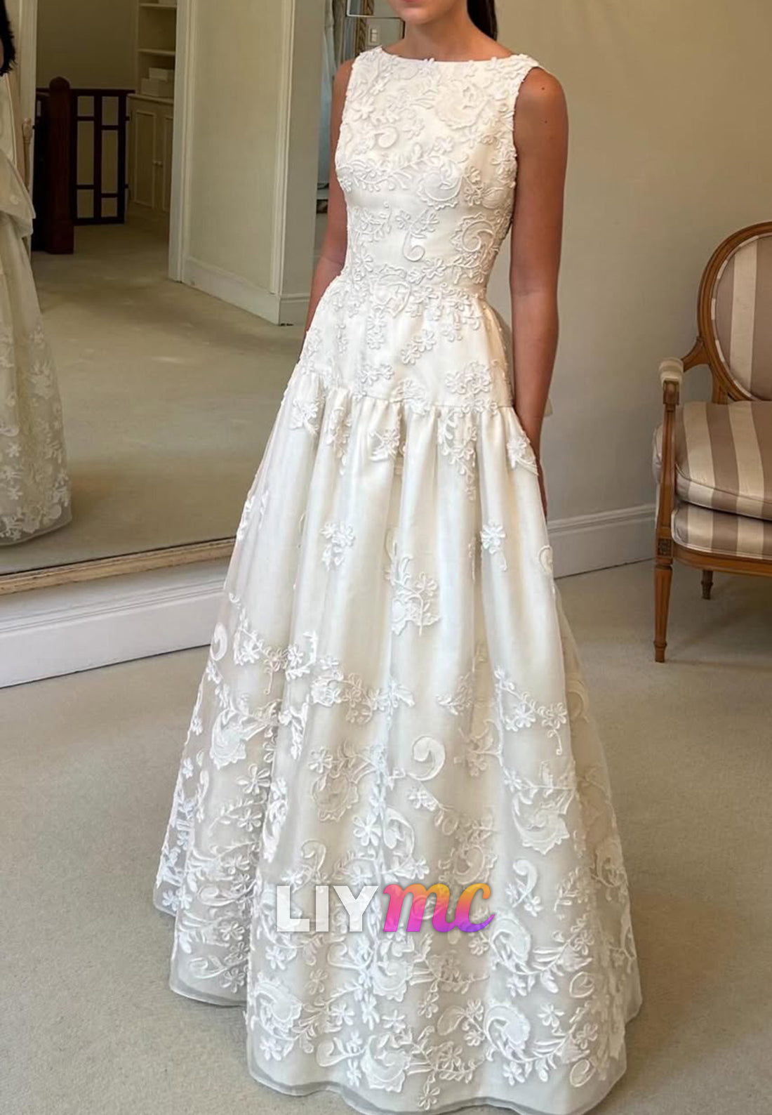 Floral Embroidered Drop Waist Wedding Dress