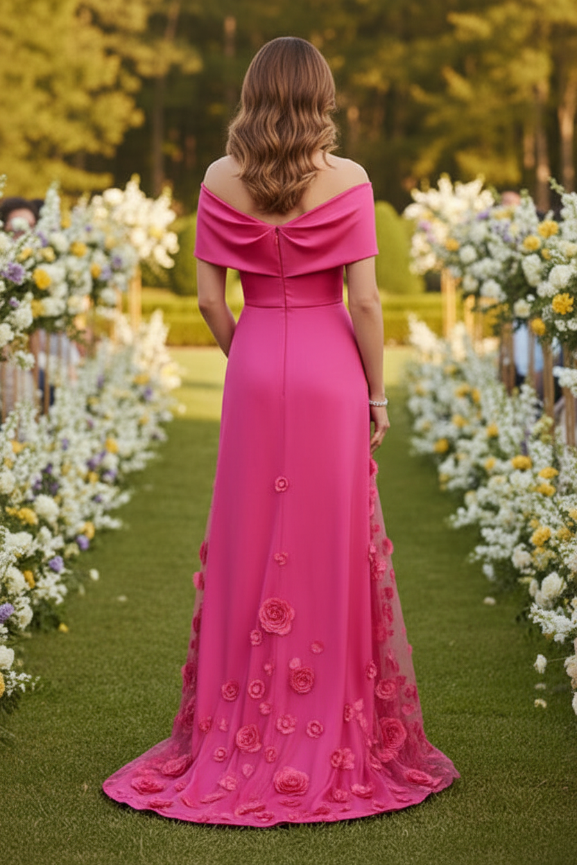 Off-the-Shoulder 3D Floral Evening Gown
