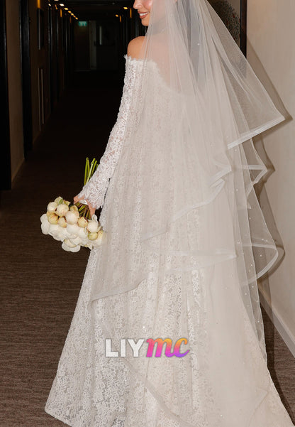 Off-the-Shoulder Lace Long Sleeve A-Line Wedding Dress