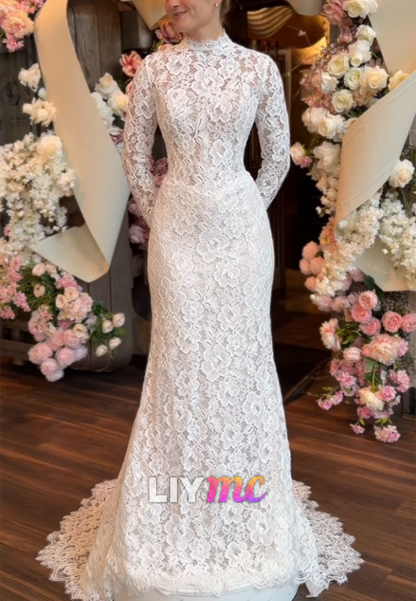 High Neck Long Sleeve Lace Mermaid Wedding Dress