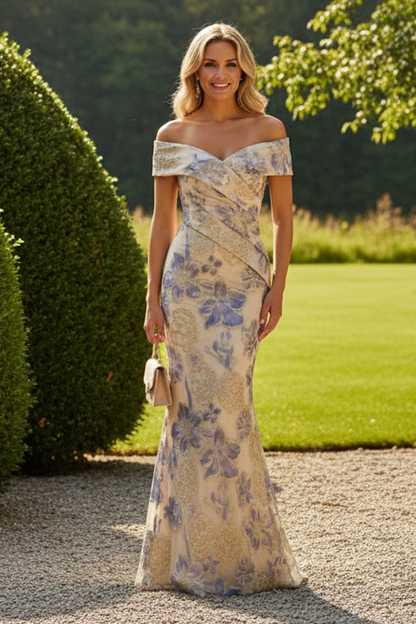 Off-Shoulder Jacquard Mermaid Evening Gown