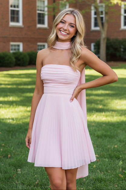 Strapless Pleated Chiffon Mini Dress with Neck Scarf