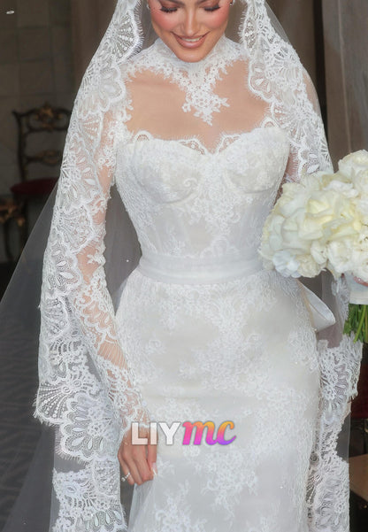 High Neck Lace Long Sleeve Wedding Dress with Satin Bow