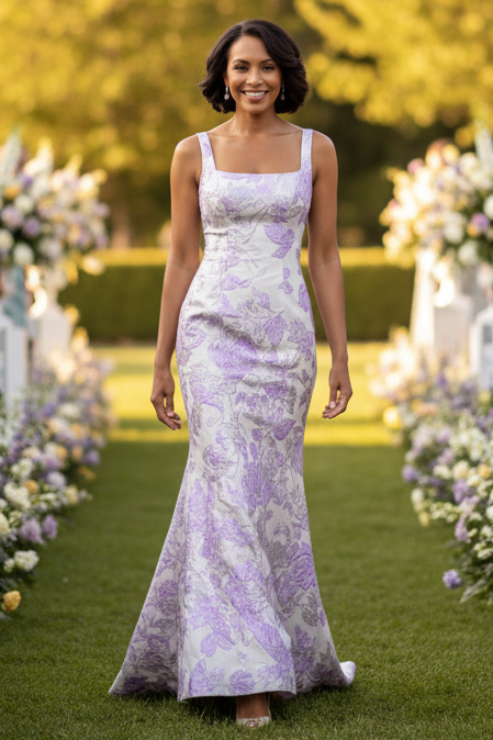 Square Neck Floral Jacquard Mermaid Gown