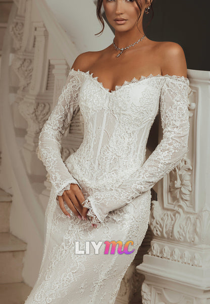 Off-Shoulder Lace Mermaid Wedding Dress with Train