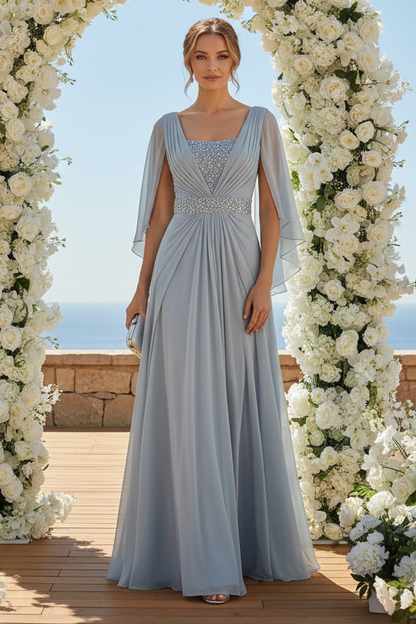 Cape Sleeve Pleated Chiffon A-Line Evening Dress