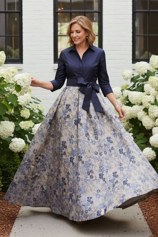 Collared Mock Two-Piece Jacquard Ball Gown
