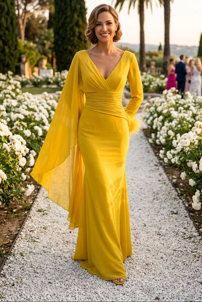 Asymmetric Cape Sleeve V-Neck Evening Gown