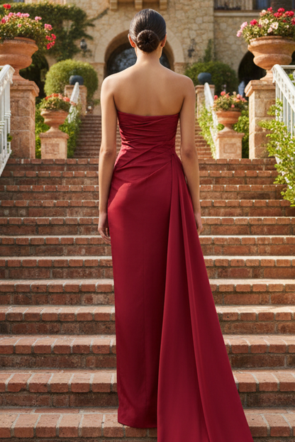 Strapless Satin Sheath Gown with High Slit & Side Drape