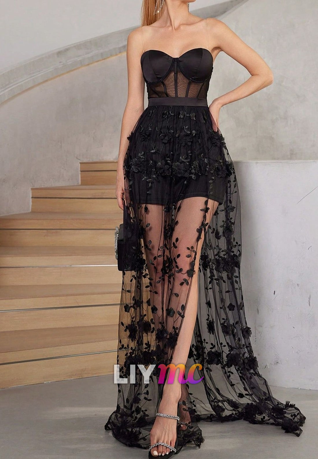 Strapless Corset Tulle Gown with 3D Floral Skirt