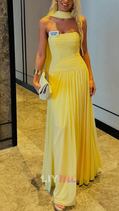 Strapless Ruched Maxi Dress with Scarf