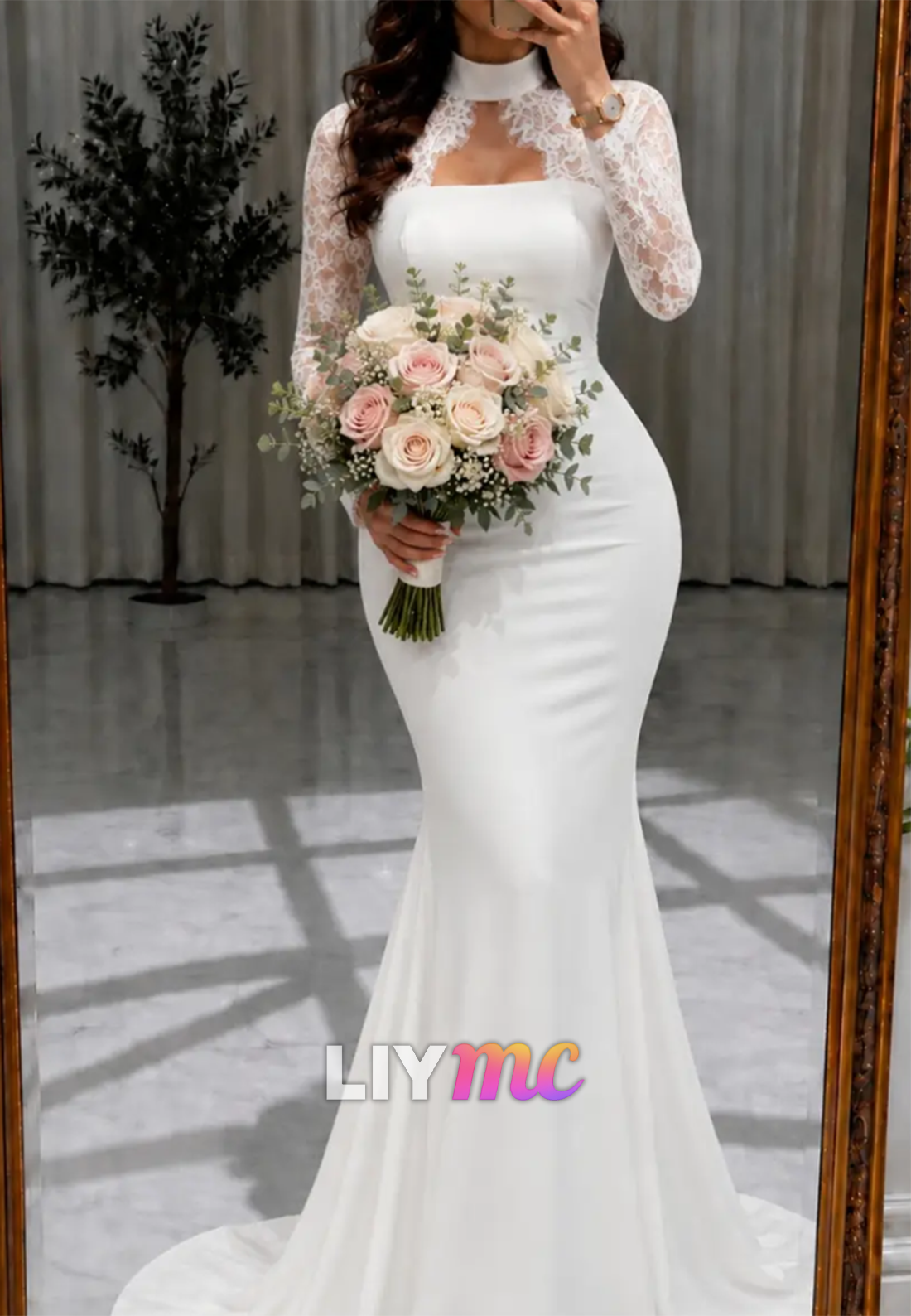Long Sleeve Lace Mermaid Wedding Gown with Train