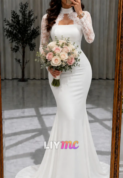 Long Sleeve Lace Mermaid Wedding Gown with Train