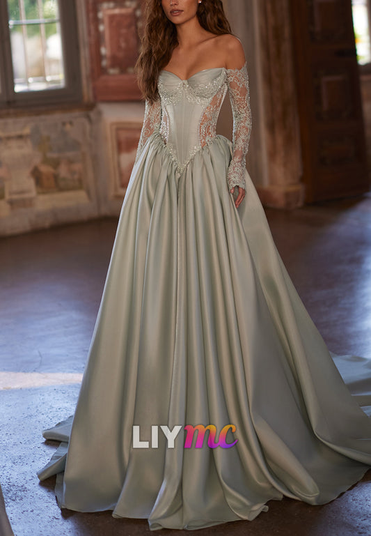 Off-the-Shoulder Corset Ball Gown with Lace Sleeves