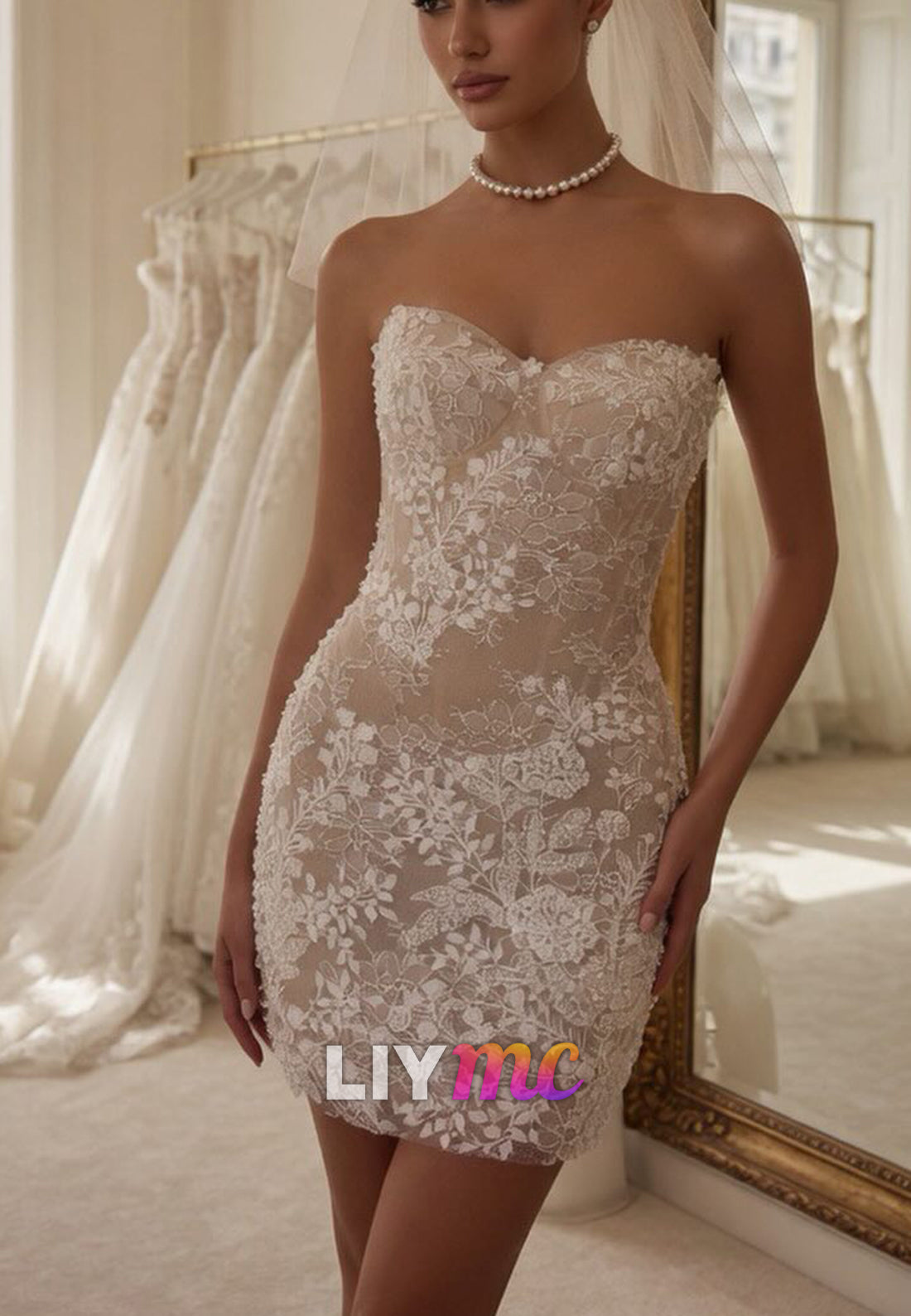 Strapless Floral Lace Mini Wedding Dress