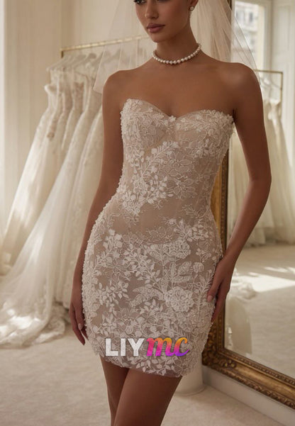 Strapless Floral Lace Mini Wedding Dress