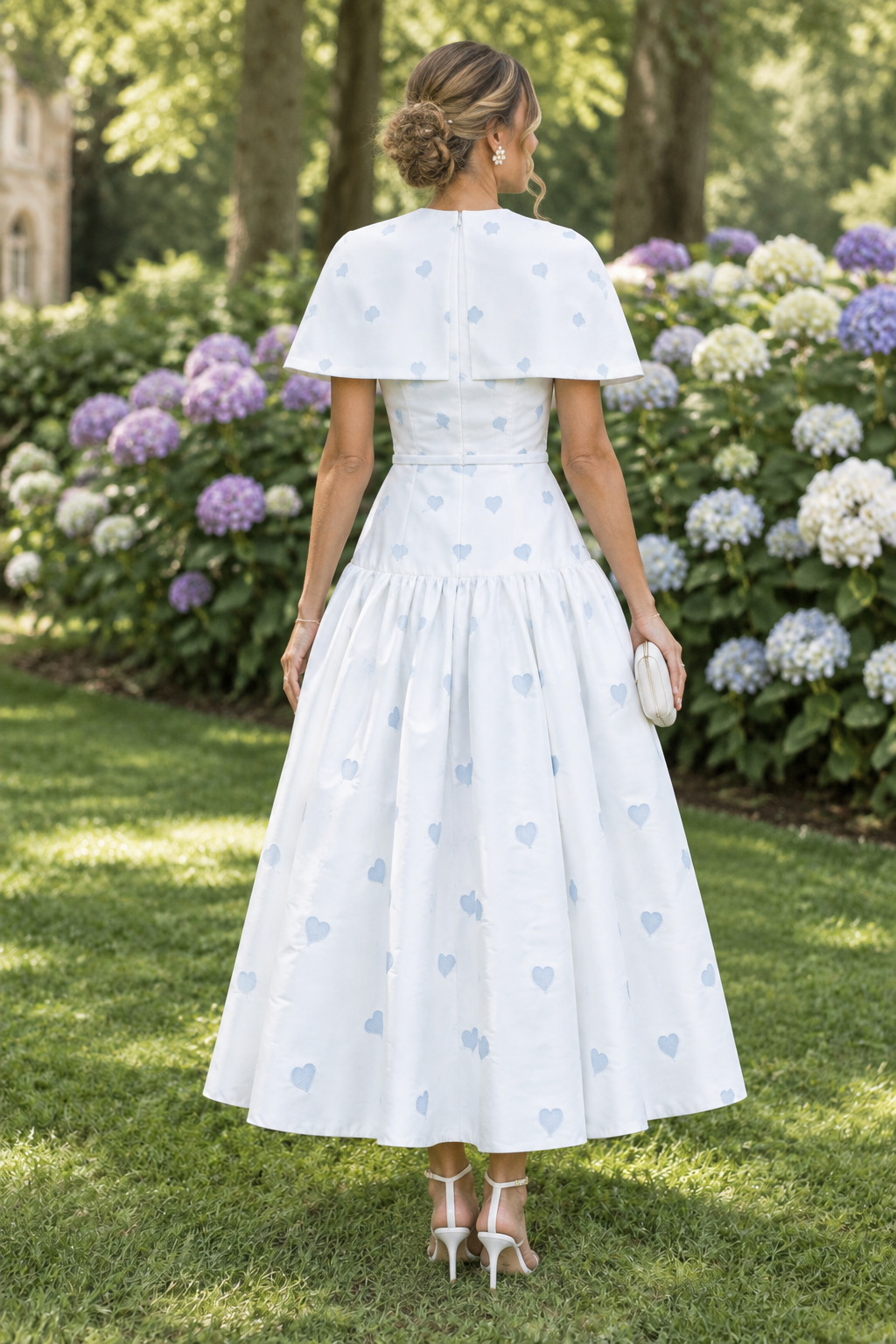Heart Pattern Drop-Waist Midi Dress with Cape