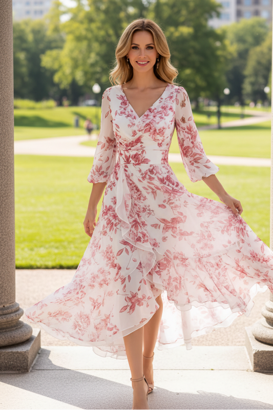 Floral V-Neck High-Low Chiffon Midi Dress