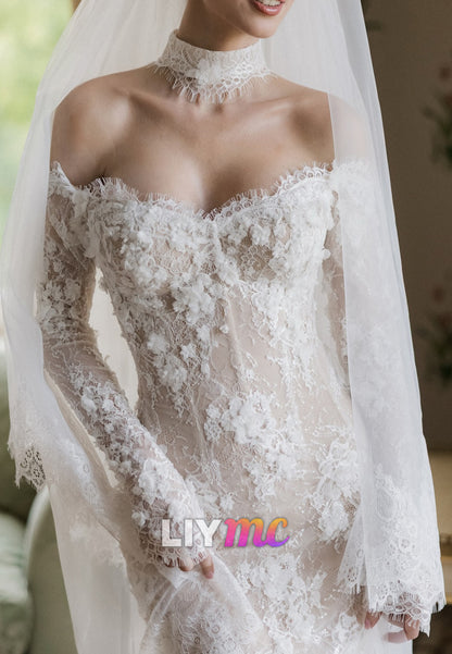 Off-Shoulder Lace Mermaid Wedding Gown with 3D Florals