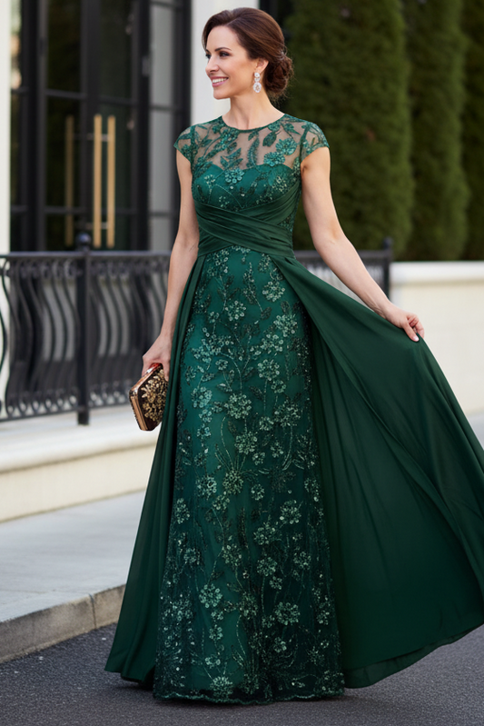Illusion Cap Sleeve Evening Gown with Satin Overskirt