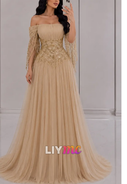 Off-the-Shoulder Tulle Gown with Embellished Waist