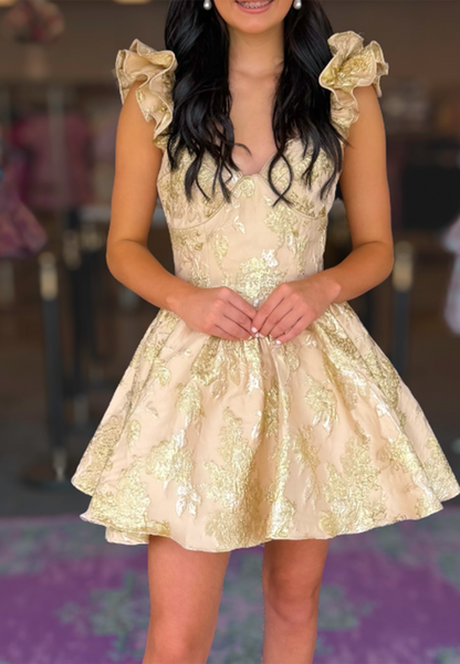 Floral Brocade Ruffle Mini Dress