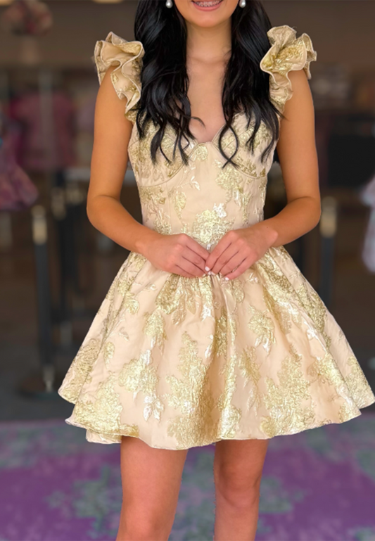 Floral Brocade Ruffle Mini Dress