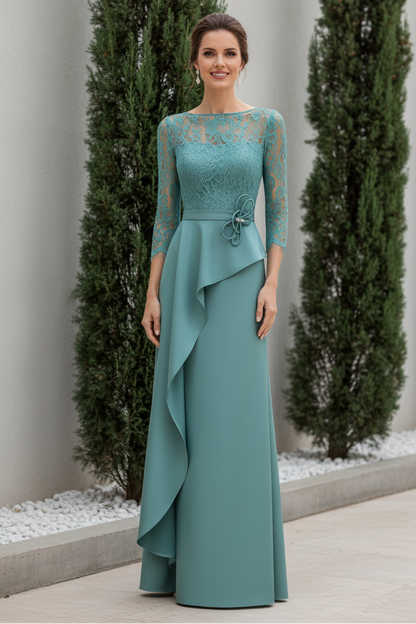 Illusion Lace Bodice Evening Gown with Ruffle Skirt