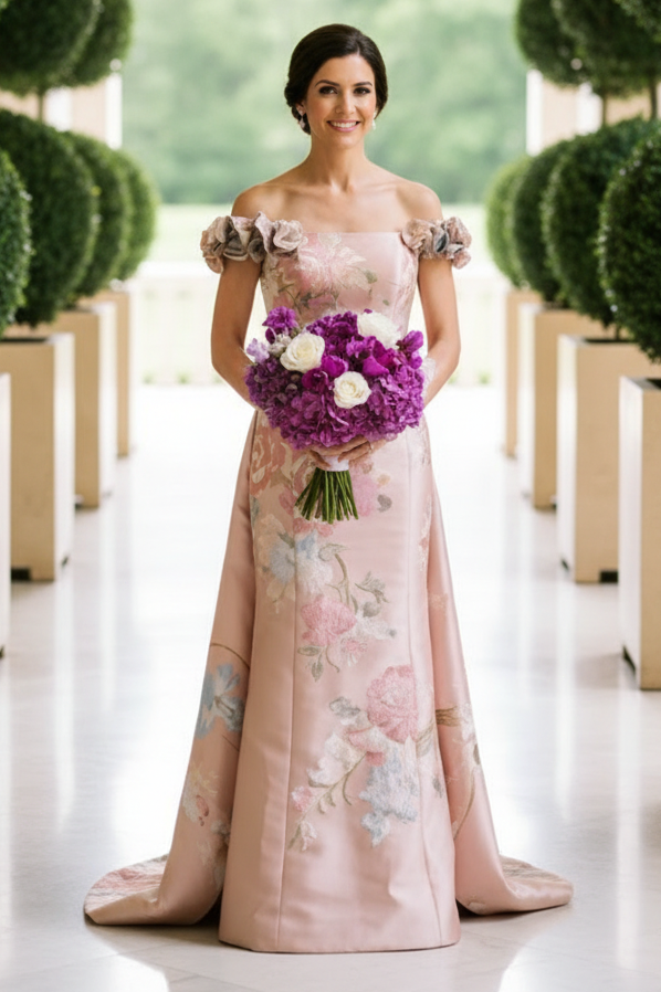Off-Shoulder Floral Embroidered A-Line Evening Gown