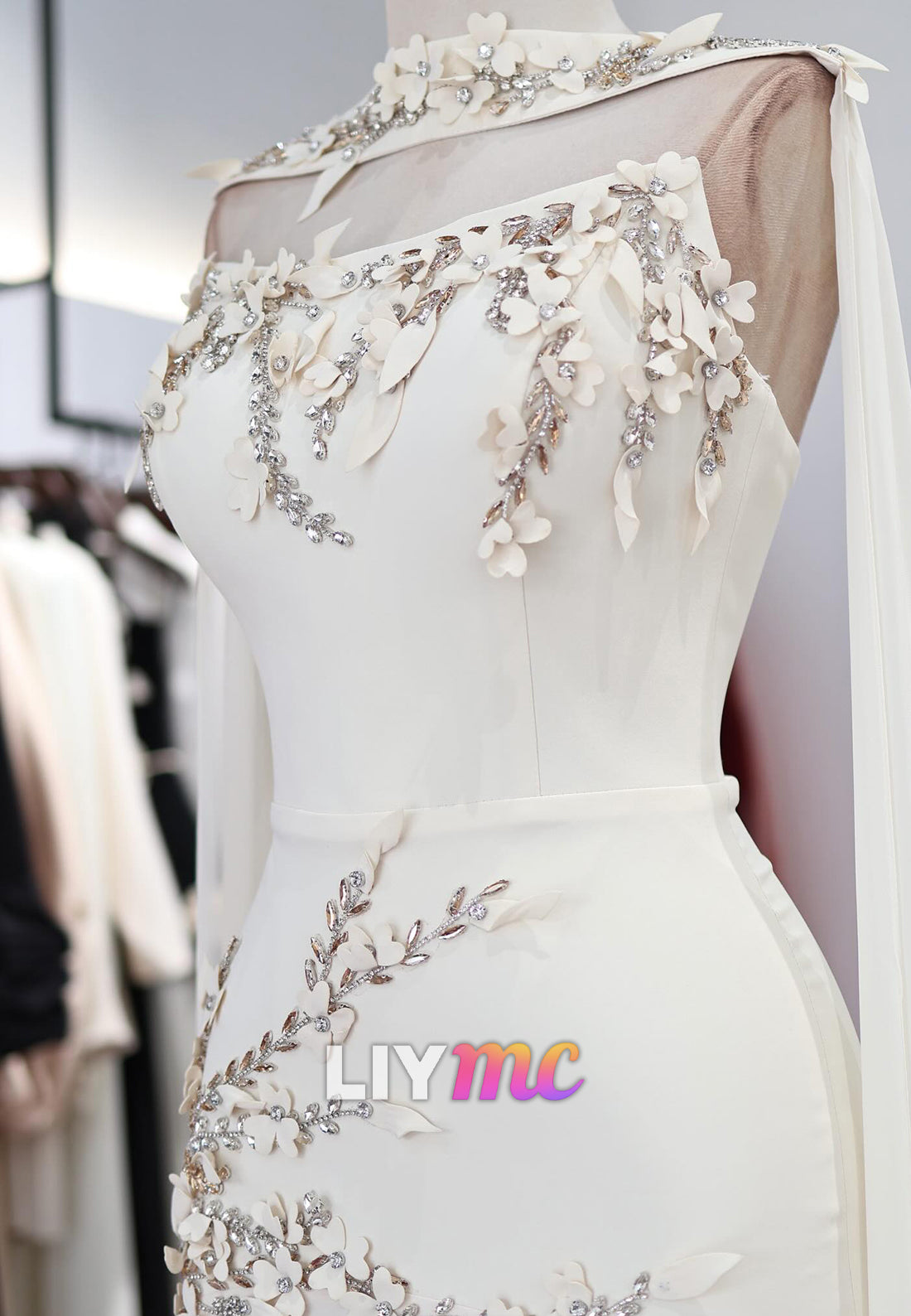 Floral Beaded Illusion Cape Sleeve Evening Gown
