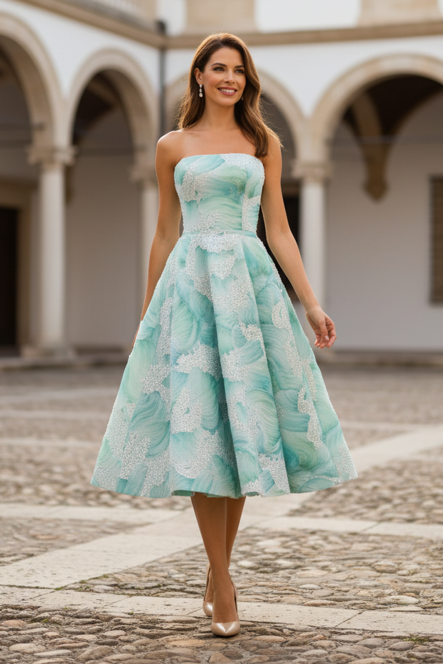 Strapless Textured Jacquard A-Line Midi Dress