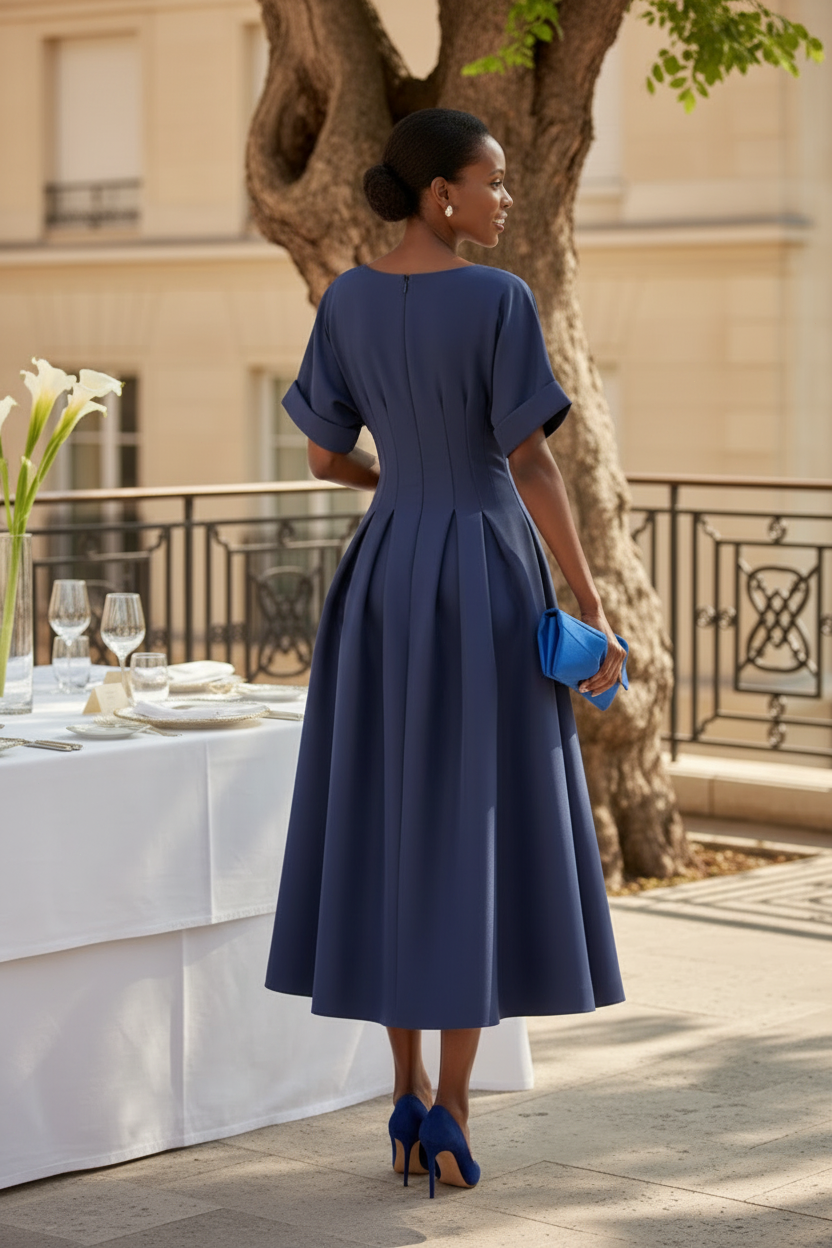 V-Neck Pleated A-Line Midi Dress with Cinched Waist