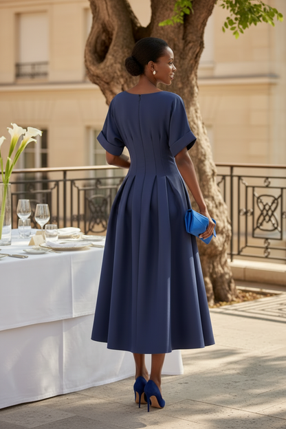 V-Neck Pleated A-Line Midi Dress with Cinched Waist