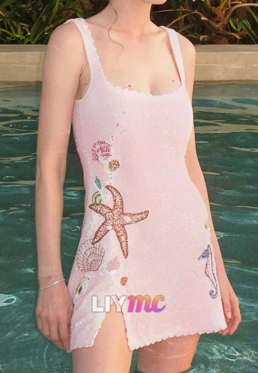 Beaded Starfish and Shell Embellished Mini Dress