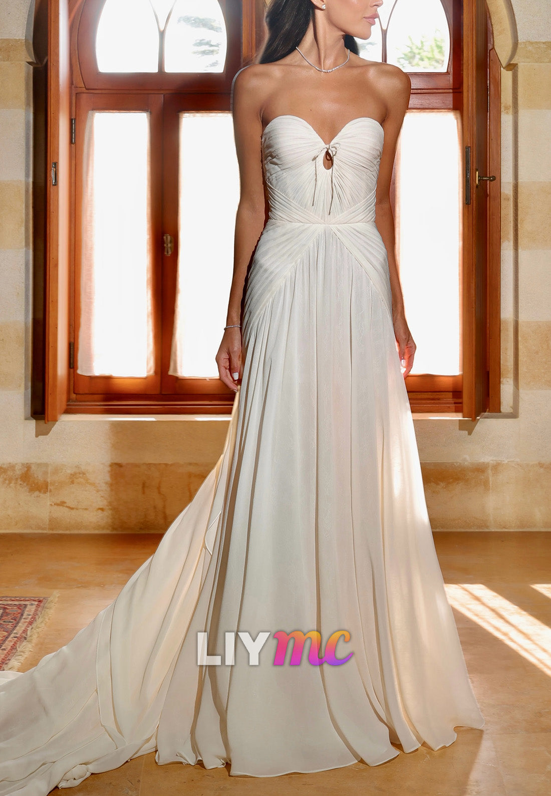 Strapless Ruched Keyhole Gown with Train