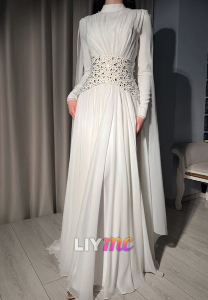 High-Neck Pleated A-Line Gown with Cape