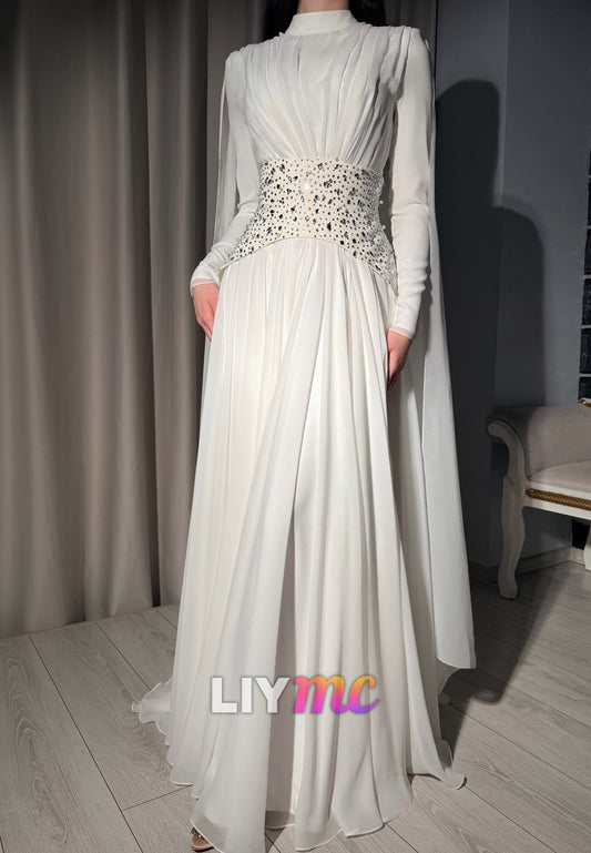 High-Neck Pleated A-Line Gown with Cape